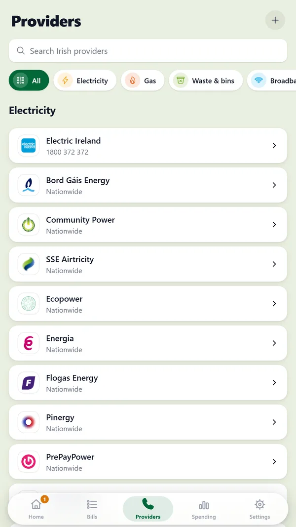 The provider directory in RenewTrackIE, listing Irish suppliers and their contact details.